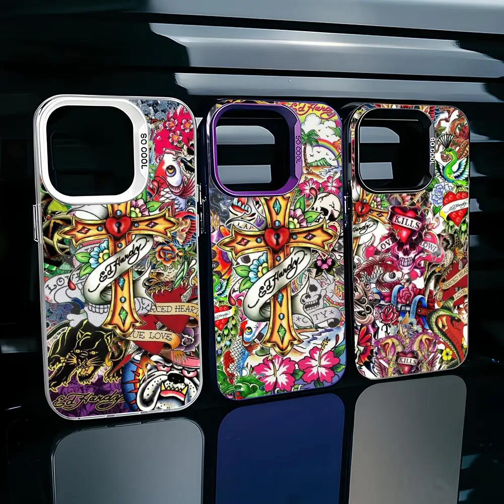 Capa de Celular TPU Fina Antichoque Moda E-Ed Hardy com Proteção Total da Câmera para iPhone 17 16 15 14 13 12 11 Pro Max