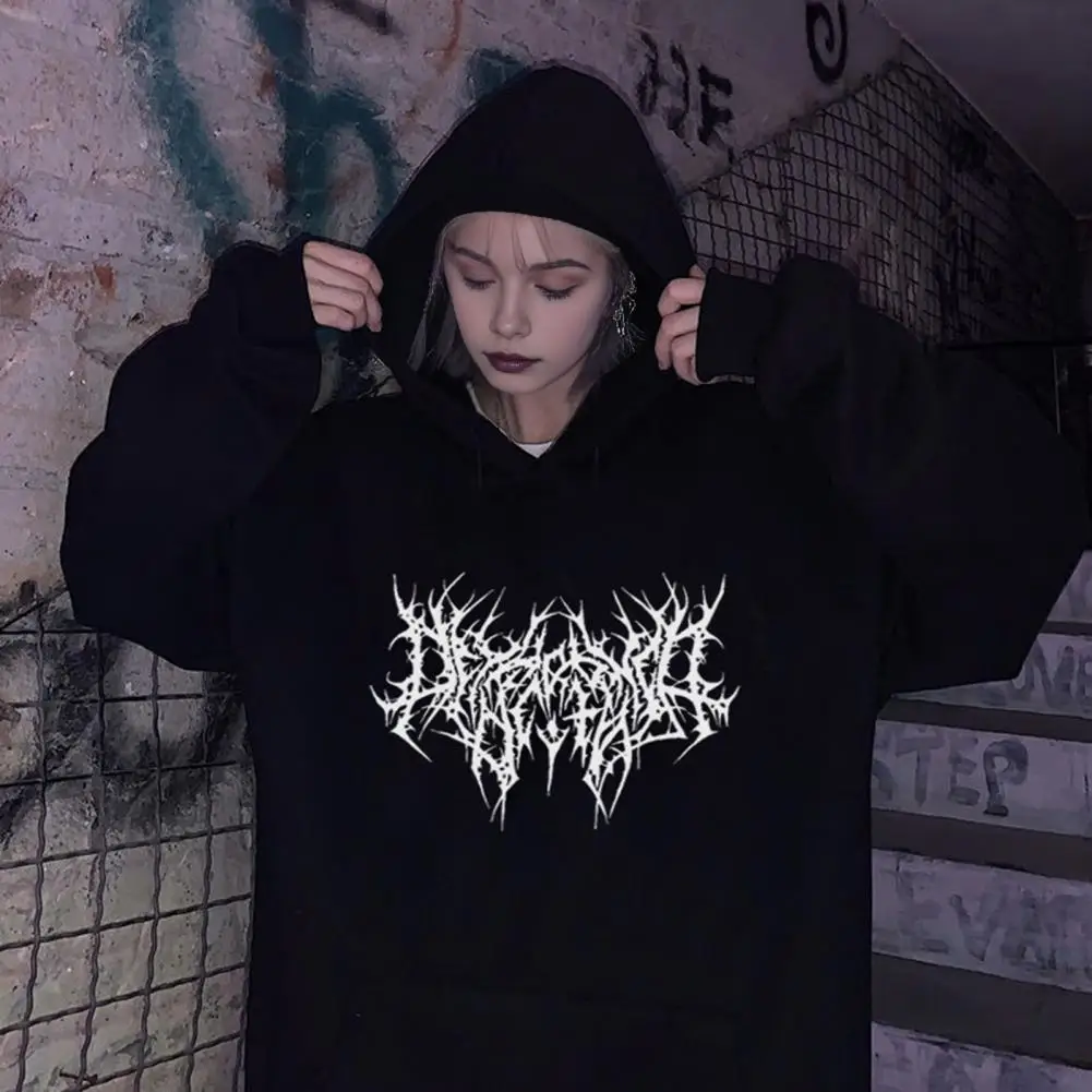 

Fall Winter Unisex Hoodie Drawstring Elastic Cuff Thorn Print Thick Fleece Patch Pocket Loose Long Sleeves Pullover Warm Top