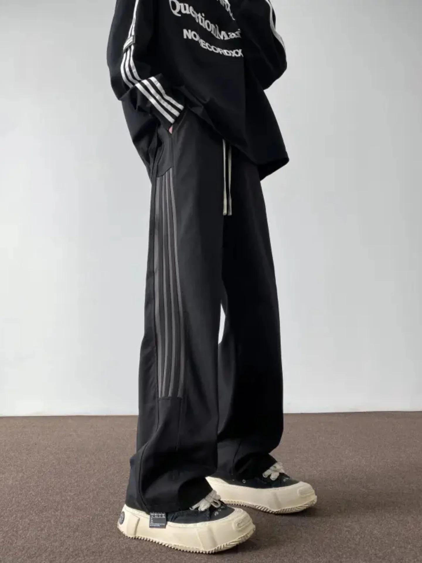 

American Vibe High Street Men's Spring Loose Fit Spor Striped Casual Pants Retro Trendy Straight Leg Trousers