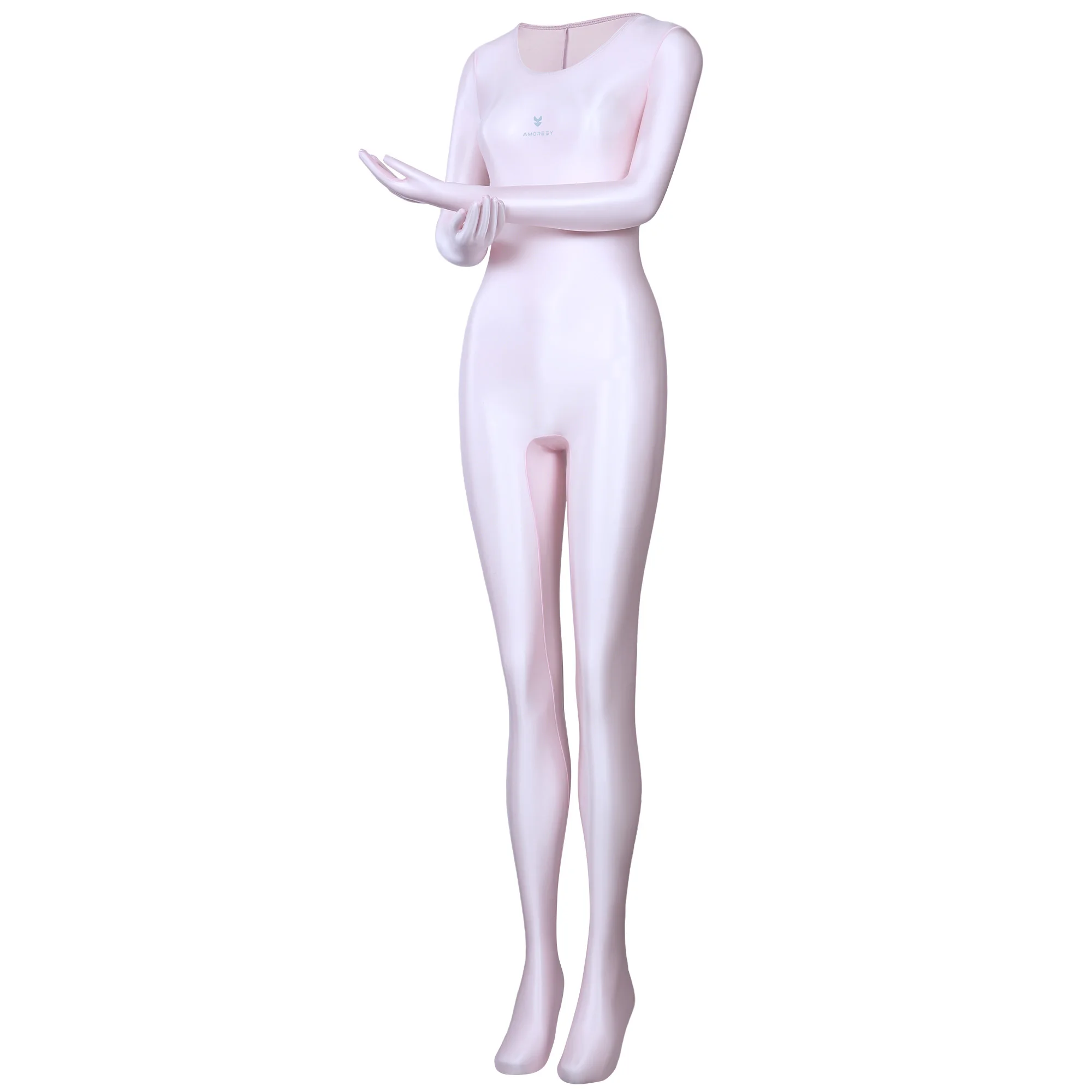 AMORESY dünner, glänzender, ölig glatter, farbenfroher Ganzkörper-Jumpsuit, einfarbig, Rundhalsausschnitt mit Handschuhen, lange Ärmel, Strumpfhose – Detail 11