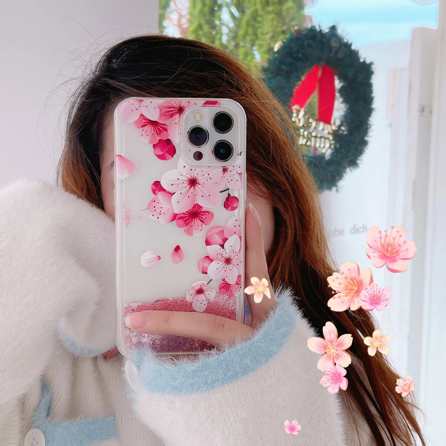 Peach Blossom Petals Quicksand Case for iphone 16 15 14 13 Pro Max 15 Plus Soft Protective Women Glitter Liquid Cell Phone Cover