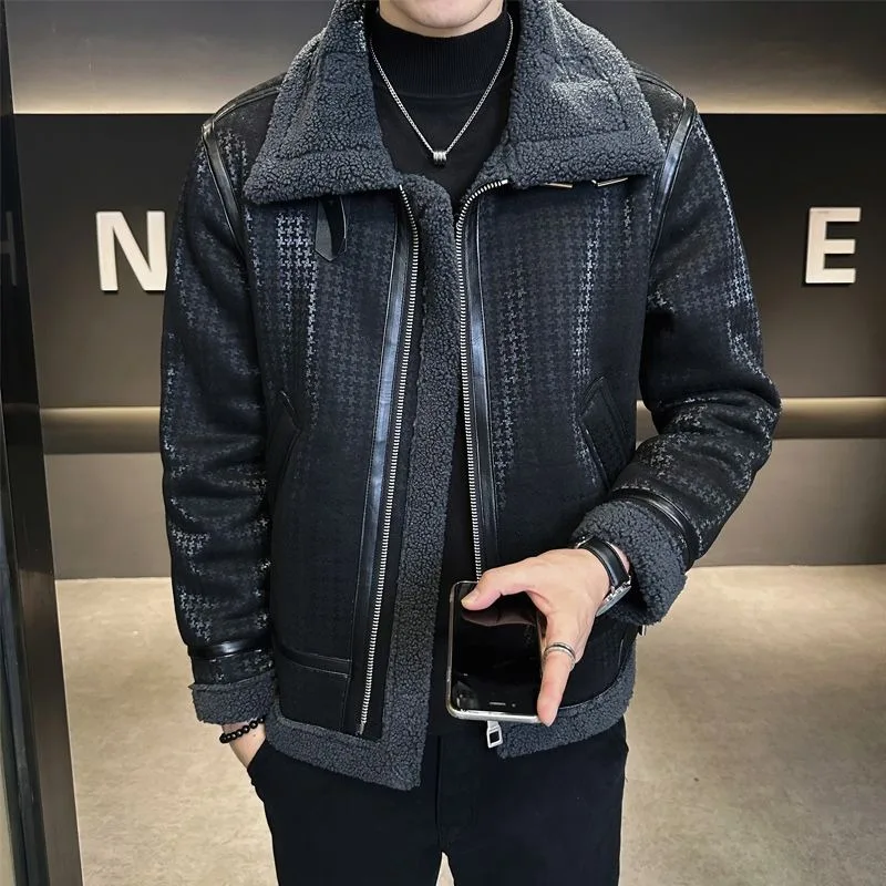 

Winter Men Fleece-lined Thicken Leather Coat Male High Sense Solid Color Polo Collar Biker Leather Jacket Casual Fashion Outwear