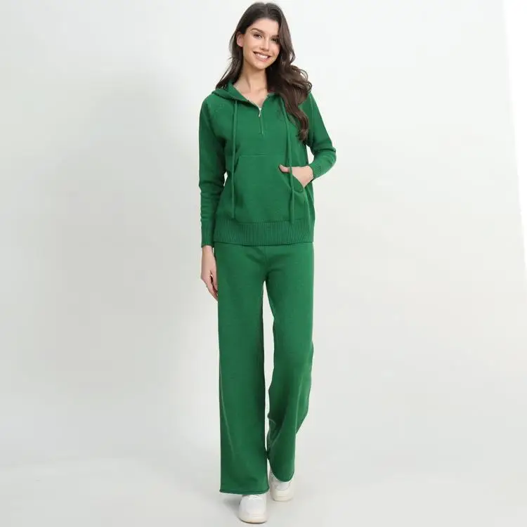 Faionable – ensemble tricoté décontracté avec capuche et fermeture éclair, costume deux pièces, pantalon à jambes droites, taille mi-basse, tissu PVC