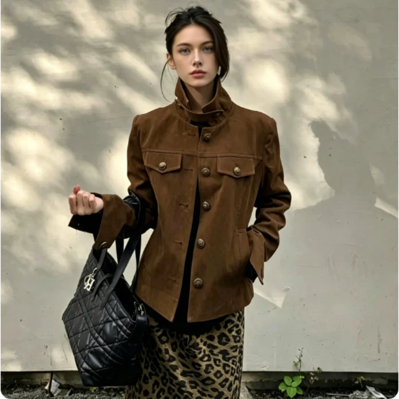 Retro Casual Cargo Coat Ladies Autumn Winter Stand Collar Cropped Slim Fit Chest Pockets Splicing Solid Color Daily Fashion Coat