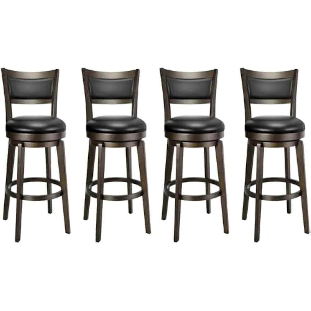 Swivel Bar Stools Set of 4, 30 Inch Bar Height Barstools, Black Faux Leather Bar Stool with High Backrest & Solid Wood Legs & W