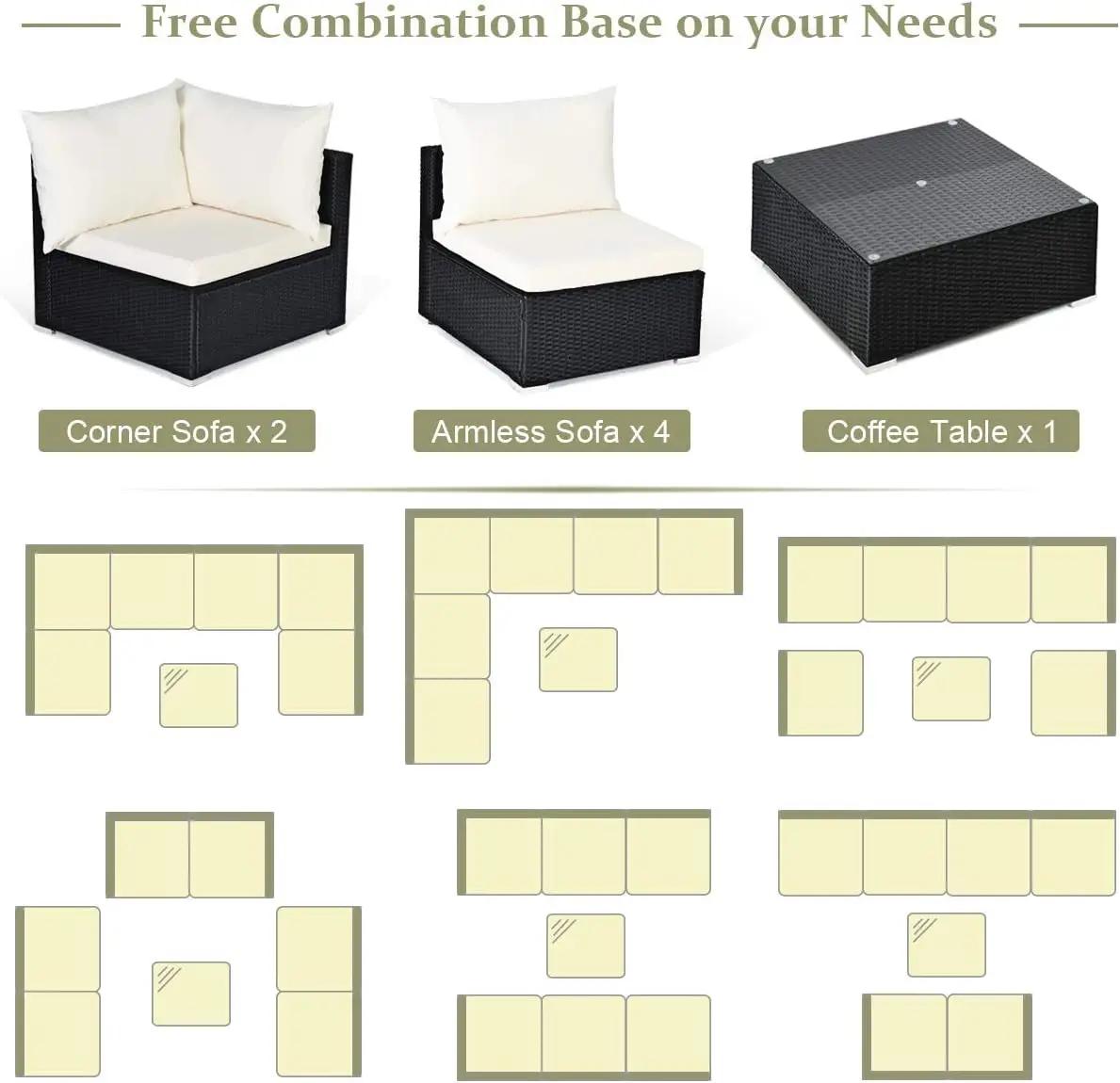 Tangkula-Conjunto de Móveis para Pátio, Sofá Seccional Exterior com Travesseiros e Almofadas, Café e Café, 7 PCs