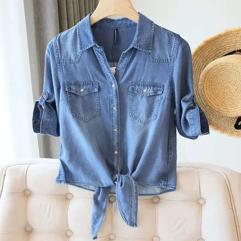 

Лето 2023, новая женская джинсовая рубашка с завязками на нижней части, свободная облегающая повседневная рубашка с семи половинными рукавами