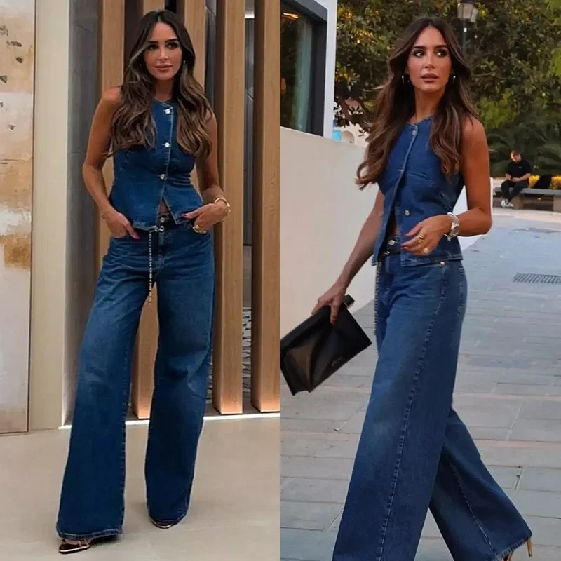 

Jeans 2 Piece Set Women Streetwear Outfits Denim Vest Sleeveless Single Breasted Distressed Wide Leg Pants 2025 Casual Ensemble