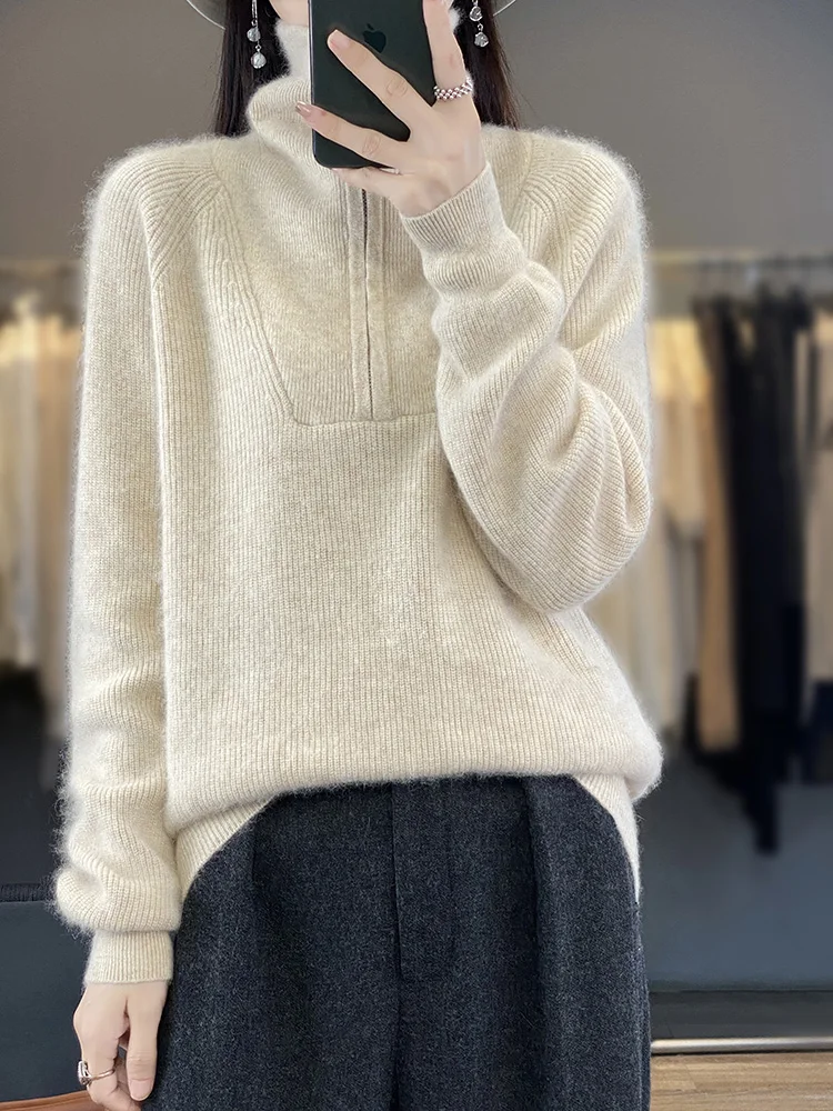 2024 New Women 100% Mink Cashmere Sweater Mock Neck Zipper Pullover Autumn Winter Thick Jumpers 5 color Cashmere Knitwear Tops