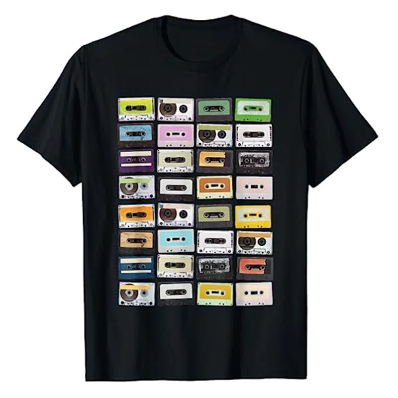 

Cassette Tapes Mixtapes 1980s Radio Music Graphic Print T-Shirt Music Fan 80s 90s Graphic Tee Tops Retro Boom Box Outfits Gifts