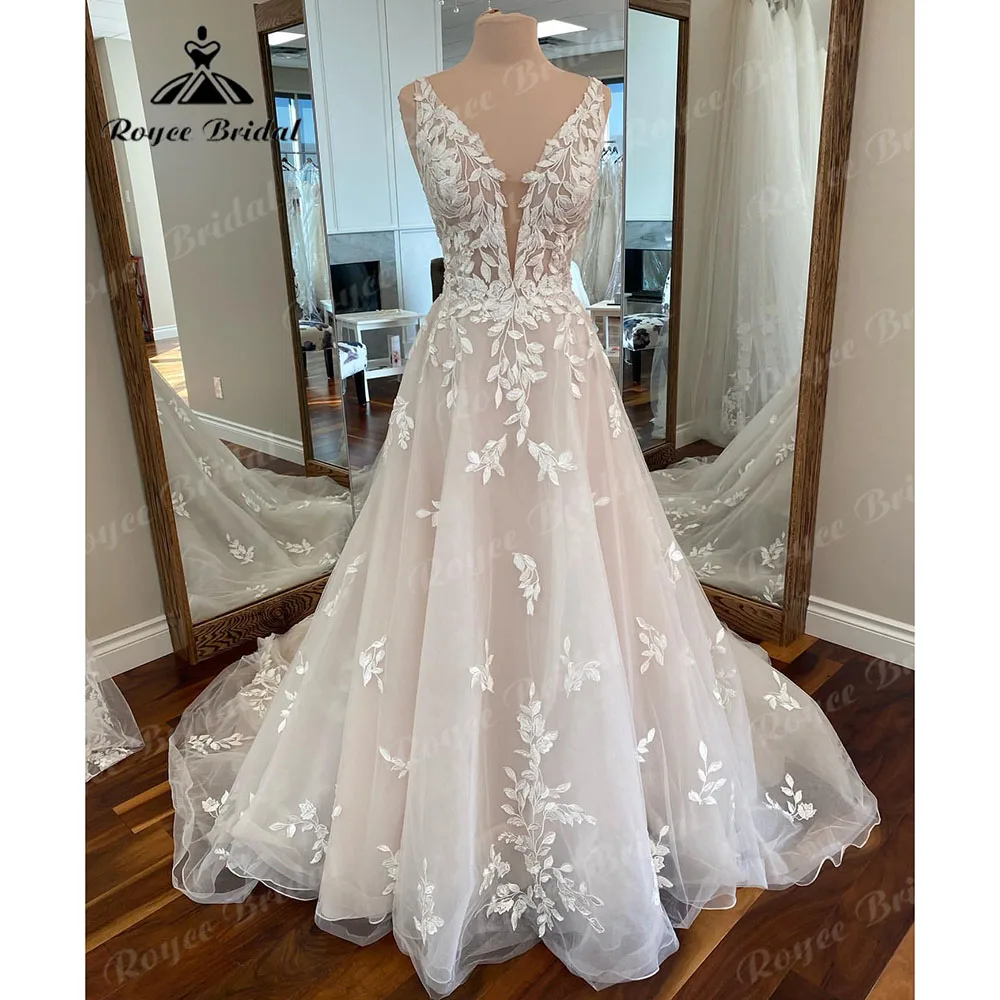 Vintage Deep V Neck Lace Applique A Line Beach Women abito da sposa 2023 Birdal Gown Custom Made vestido de casamento Roycebridal