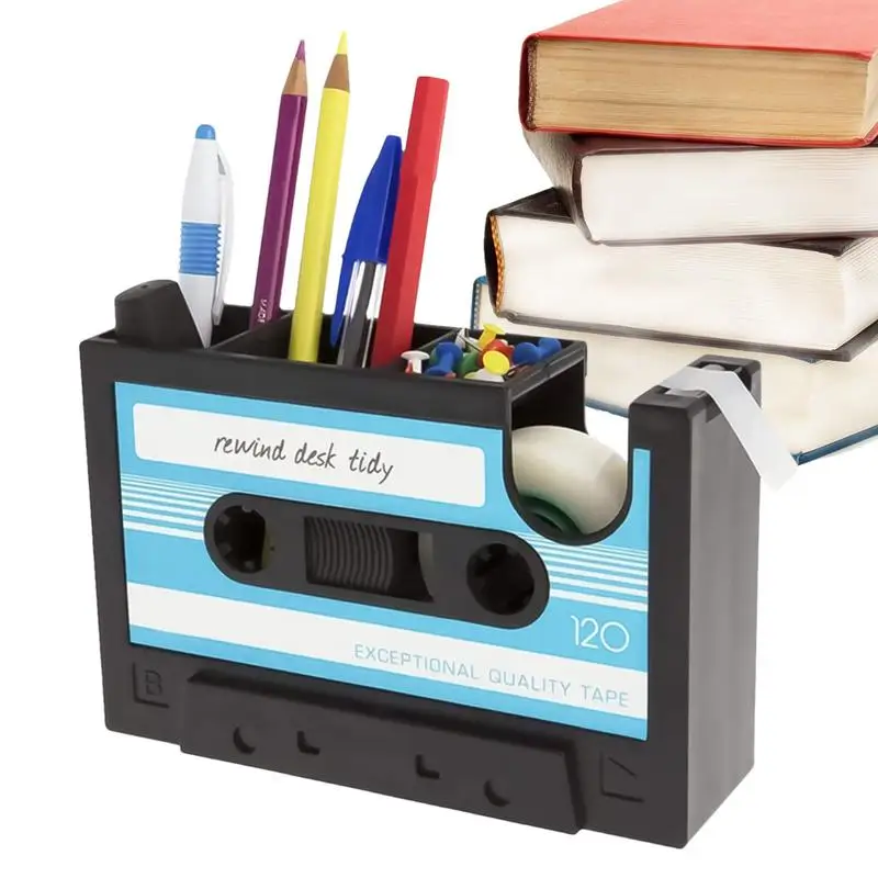 Cassette Tape Pen Holder Stationery Storage Container Tape Dispenser Stationery Holder Retro Pencil Organizer For Art Supply