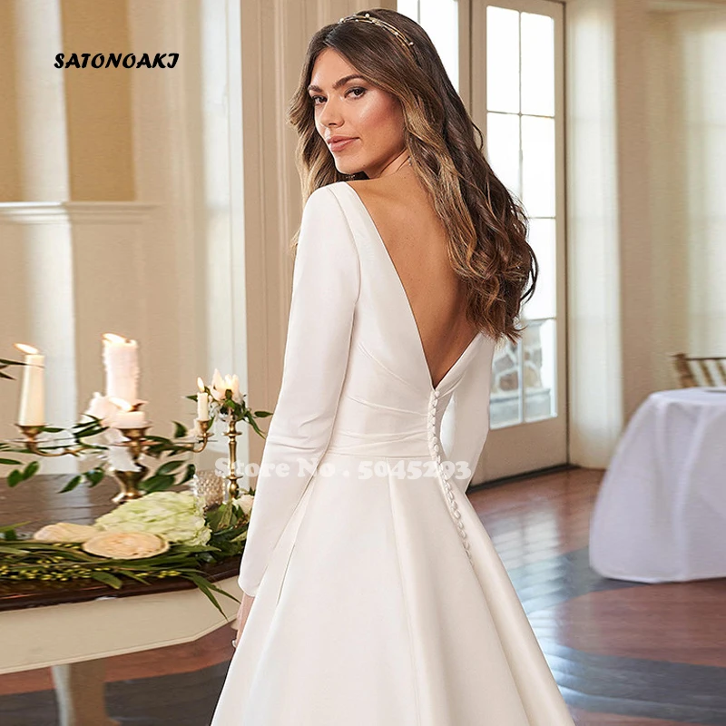 Robe de Mariée en Satin Ivoire Élégante Personnalisée pour Femme, Col en V, Manches sulf, Dos aux, A-ligne, Patients, Quelle que soit la Robe Éducative