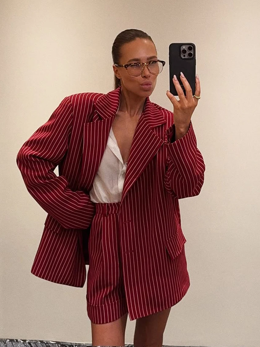 

Marthaqiqi Fashion Ladies Pajama Set Sexy Turn-Down Collar Sleepwear Long Sleeve Nightgowns Shorts Striped Female Nightwear Suit