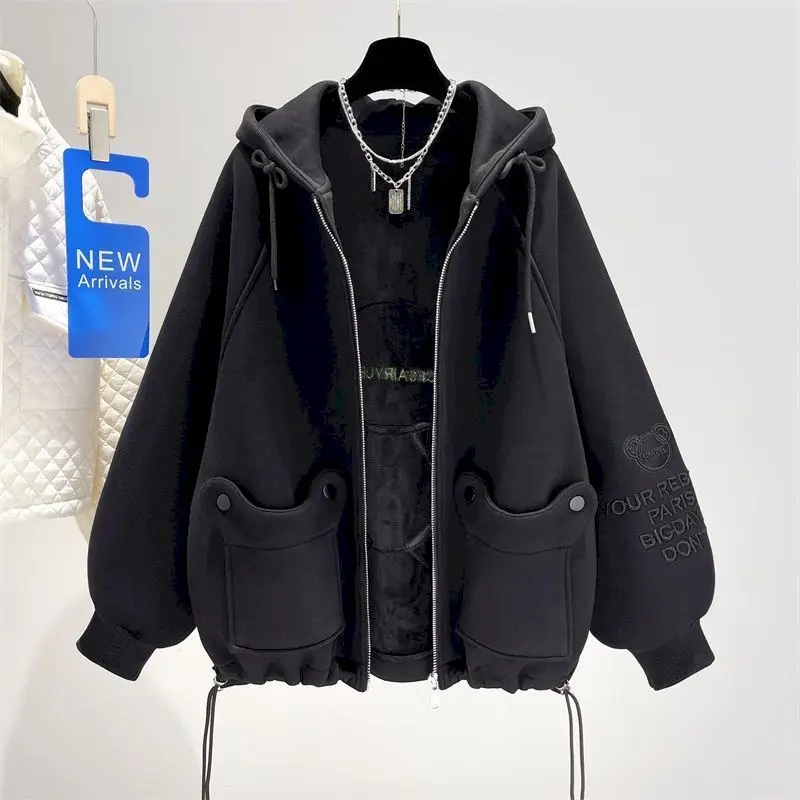 Oversized Hoodies Women Black Hooded Cardigan Jacket Fashion Design Plus Velvet Thick Hoodie Autumn Winter Trend Aesthetic Coat