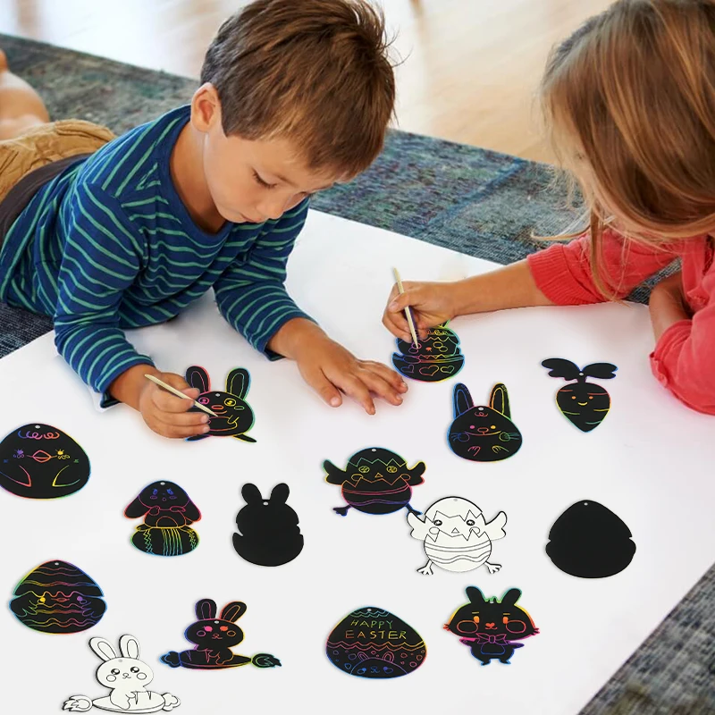 12pcs Easter Magic Scratch Art DIY Painting Crafts Kids Gift Easter Decoration Bunny Chick Colorful Scratch Painting Stencil