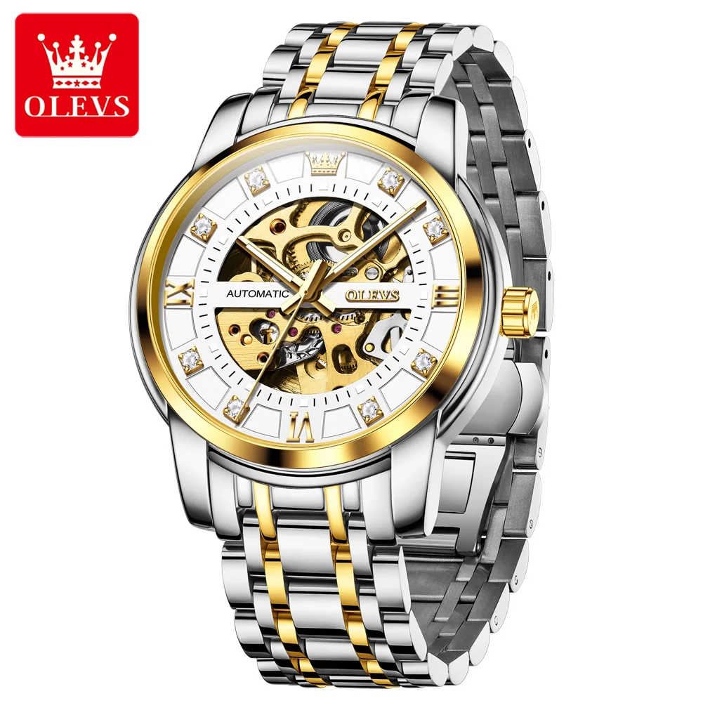 OLEVS 9901 أفضل رجل ساعة موضة الماس الهاتفي مجوفة بالكامل 30 متر مقاوم للماء مضيئة التلقائي ساعات المعصم الميكانيكية للرجال