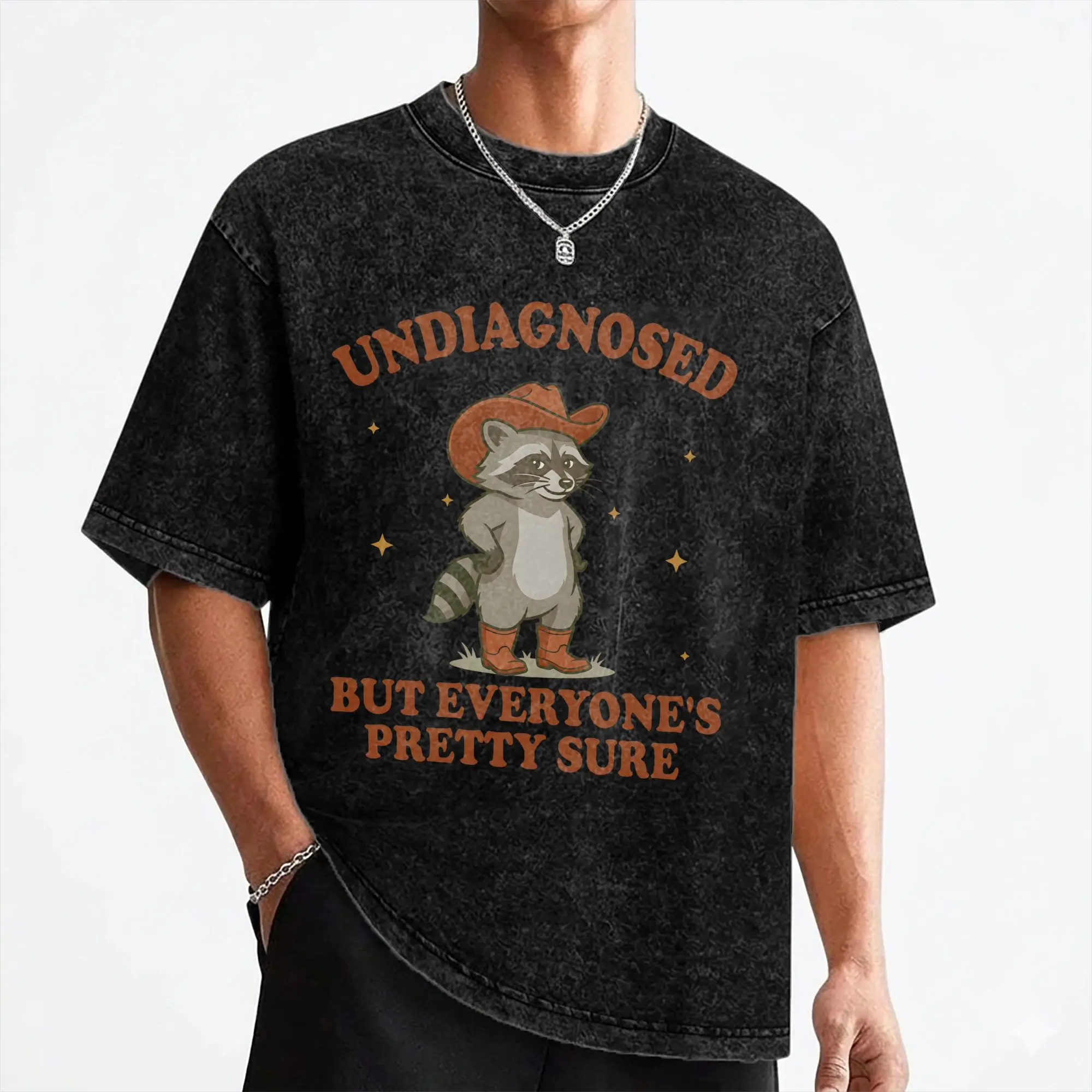 Funny Cowboy Raccoon Undiagnosed But Everyone Is Pretty Sure T Shirts Hip Hop Washed T-Shirts Men Tops Streetwear Summer Shirt