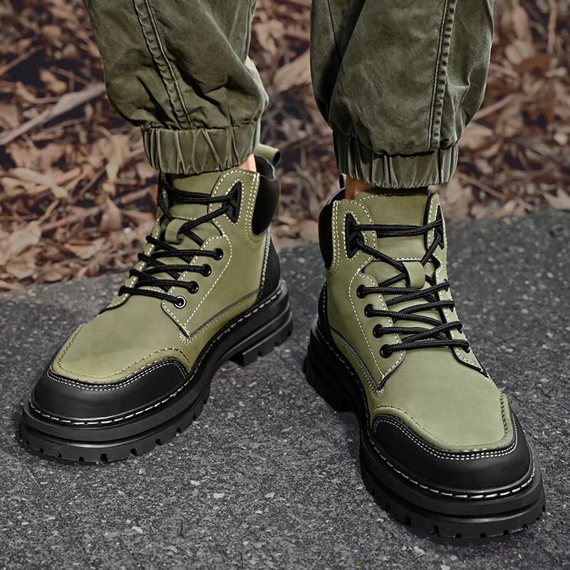 Classic Retro British Style High Top Mens Casual Boots Luxury Brand Genuine Leather Outdoor Boots Winter Plush Warm Hiking Boots