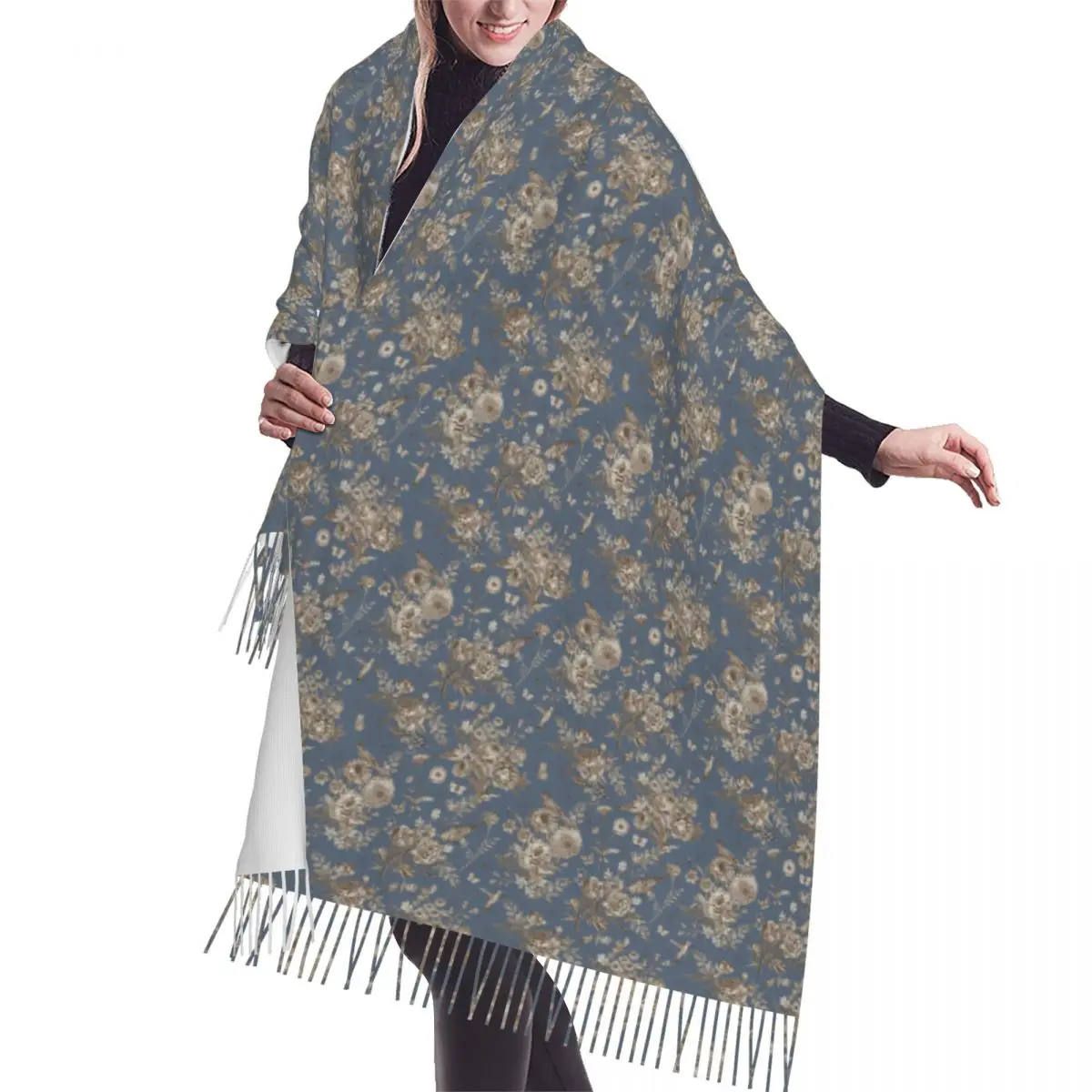 

Print French Toile De Jouy Floral Blue Oil Brown Pattern Scarf Men Women Winter Warm Scarves Traditional France Art Shawls Wraps