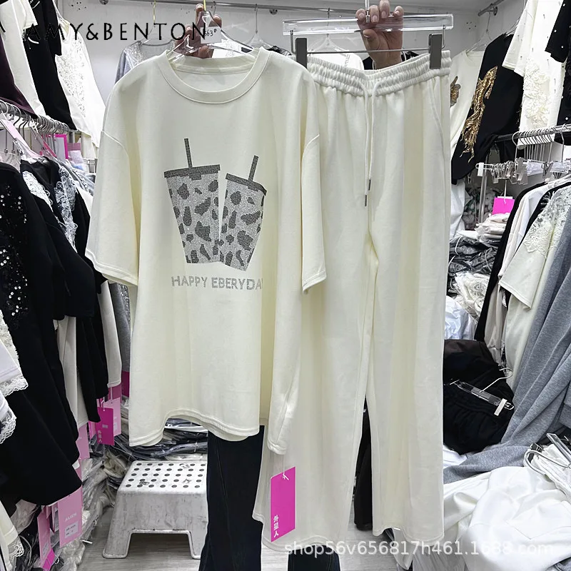 

Heavy Craft Design with Rhinestone Letters Loose-fitting Short-sleeves T-shirt + Elastic Waist Wide-leg Pants Set Outfits Female