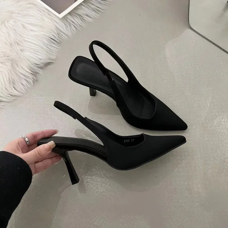 2024 New Women's Fashionable High Heels Sandals Pointed Toe Back Strap Solid Color Rubber Outsole Shoes For All Seasons