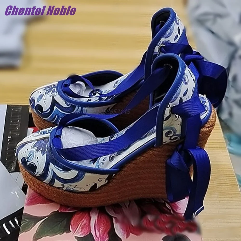 Wedge Printing Sandals For Women Ankle Straps Summer Elegant Lady Dress Fashion Luxury Brand Straw Sole Super High Heel