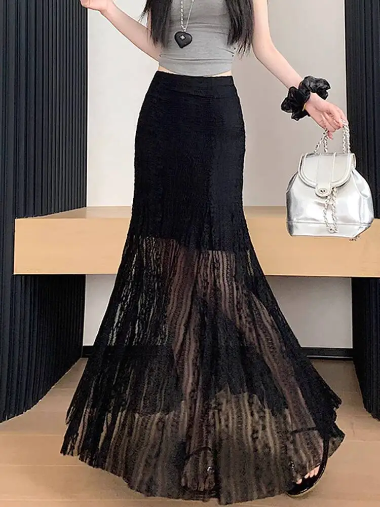 Media falda calada de encaje blanco para mujer, falda larga de sirena ajustada plisada drapeada elástica de cintura alta de verano