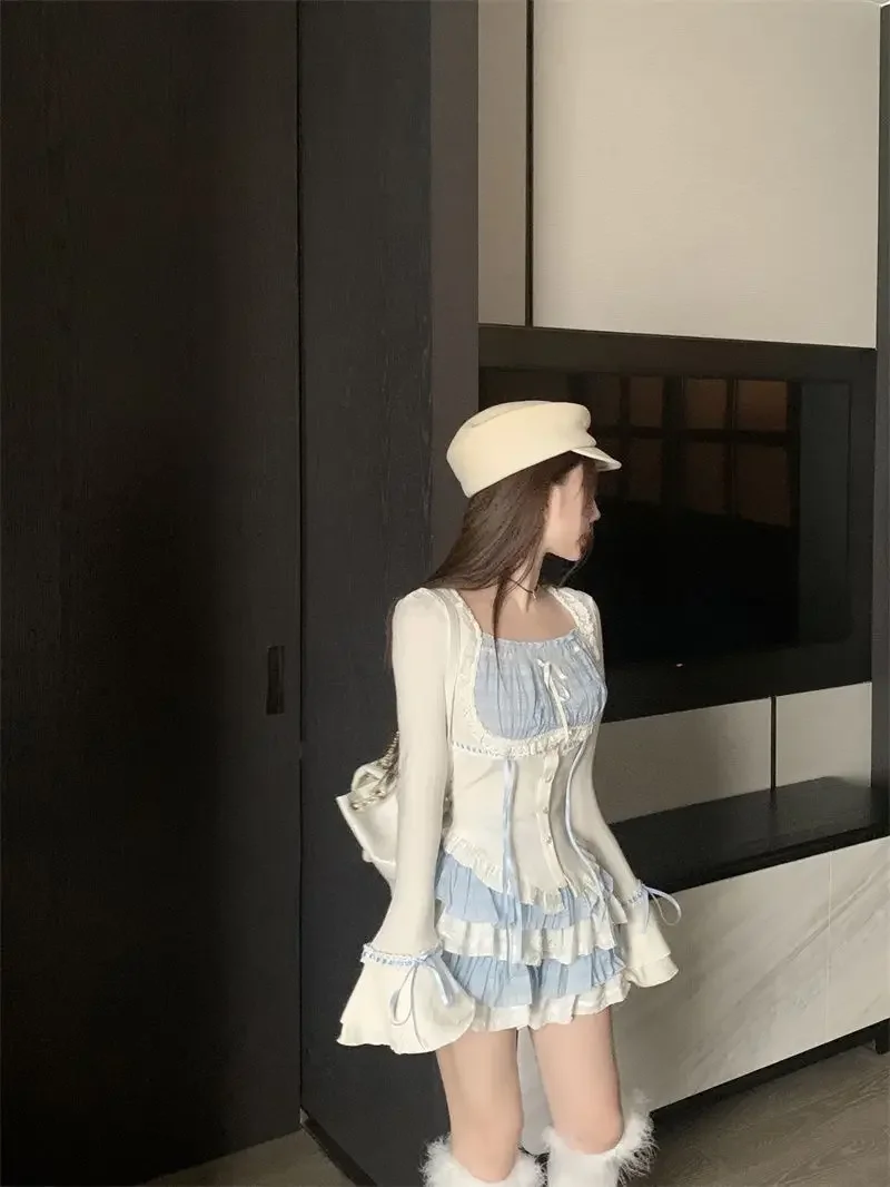 Outono kawaii lolita terno estilo japonês fino rendas topos + bodycon y2k mini saia moda bolo saia meninas festa 2 peça conjunto