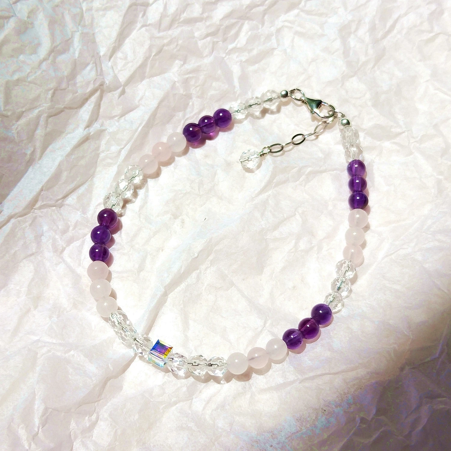 Lii Ji Bracelet Amethyst Rose Quartz Clear Quartz Natural Stone 2-4mm American 925 Sterling Silver Jewelry