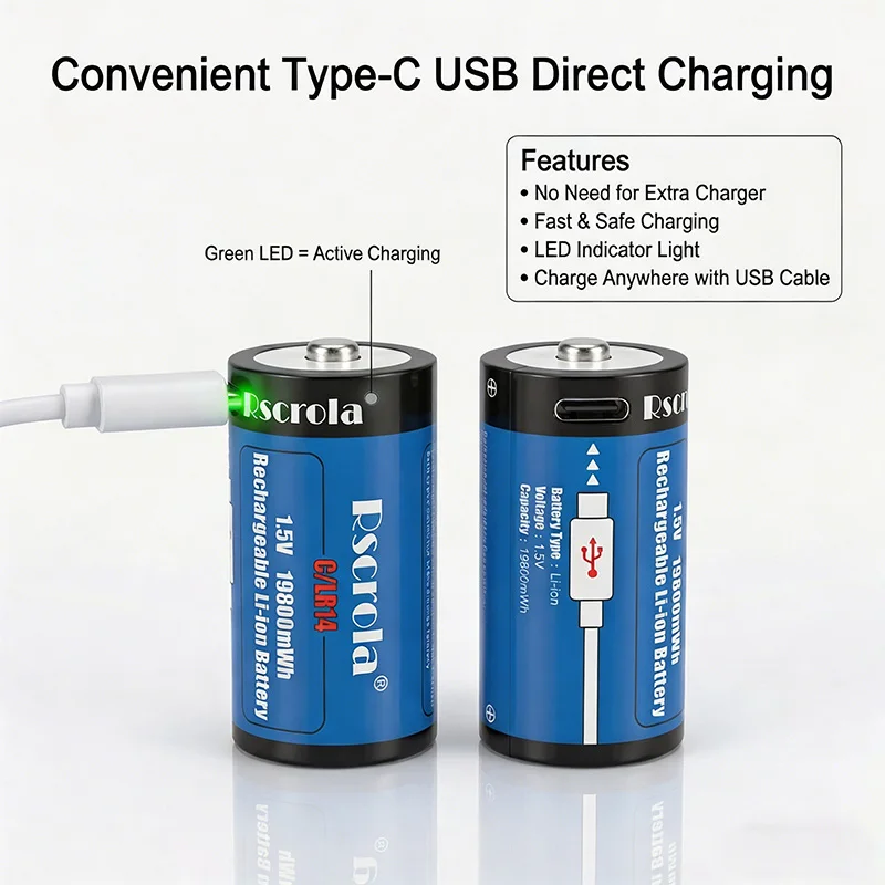 1.5V 19800mWh C Size LR14 Li-po Rechargeable Battery Type-C Fast Charging for Flashlight Gas Cooker Electronic Piano Radios