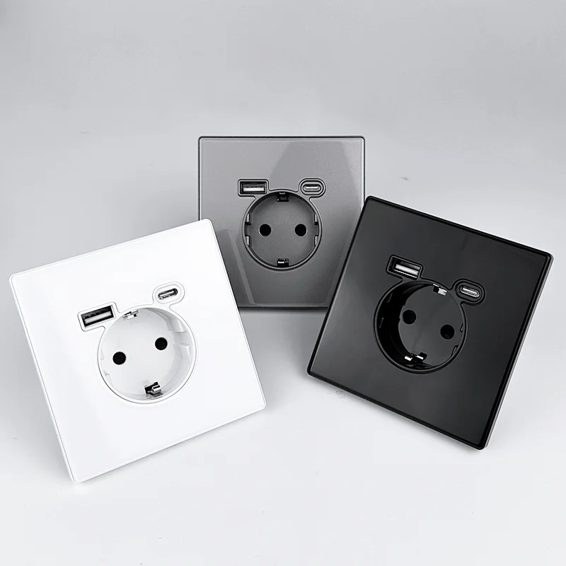 

Немецкая стандартная розетка, настенная розетка USB Type-c, зарядный порт, 16А 2.1а, хрустальная панель из закаленного стекла, белый, черный, серый, 86 мм * 86 мм