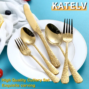 High Quality Cutlery Set Handle Exquisite carving Stainless Steel Golden Tableware Knife…