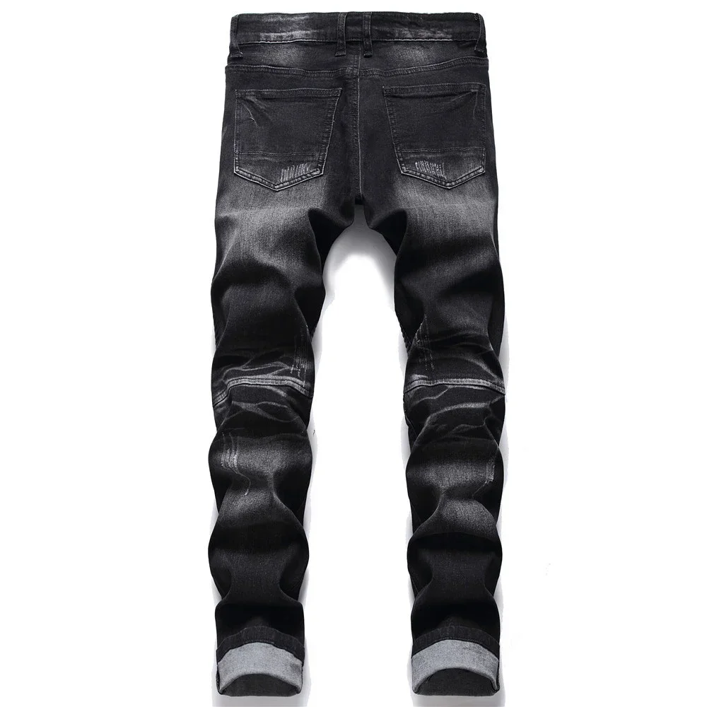 Men's Leather Patchwork Biker Jeans Streetwear Zippers Pleated Stretch Denim Pants Ripped Trousers