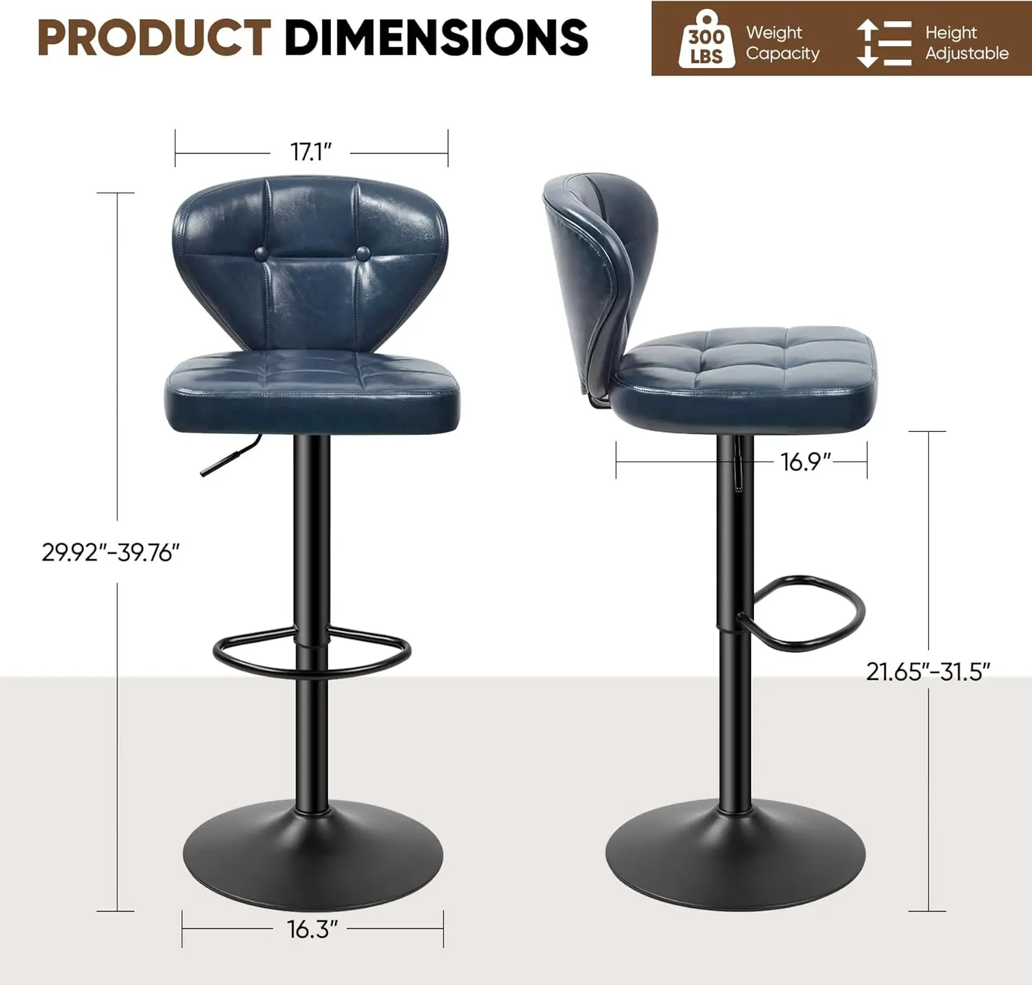 Swivel Bar Stools Set of 2, Adjustable Pu Leather Barstools，Counter Height Bar Stools With Back And Footrest, Heavy Duty 200kg