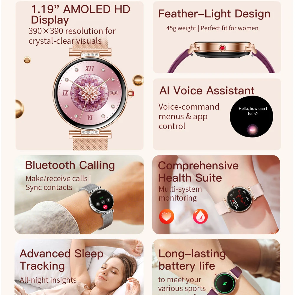 BT Call Smart Watch Information Push Sports Women's Health Monitor Smartwatch Lady Amoled Screen 6.2mm Ultra-thin All Metal Case