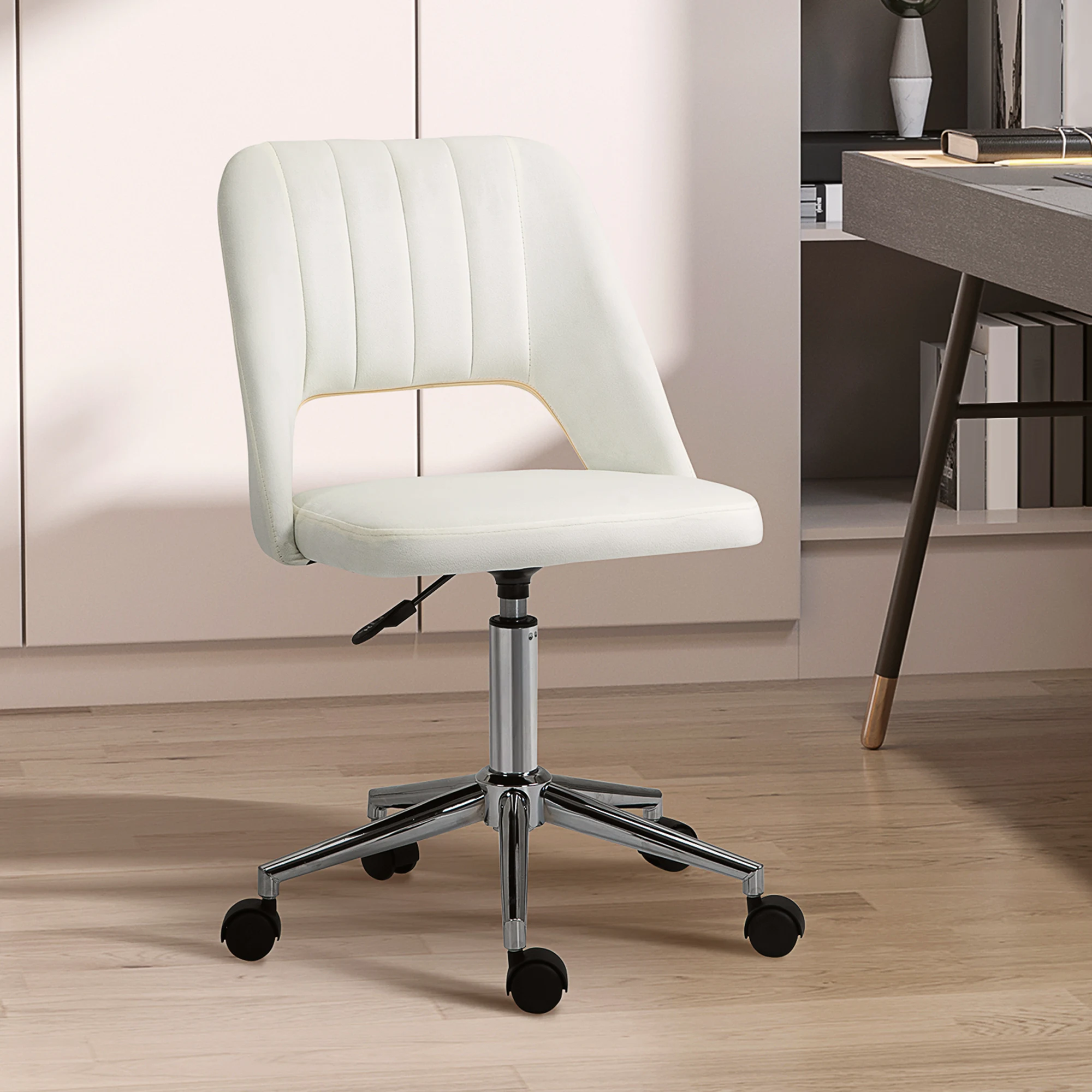 Ergonomic Velvet Armless Computer Swivel Upholstered Chair W/ Open Back White