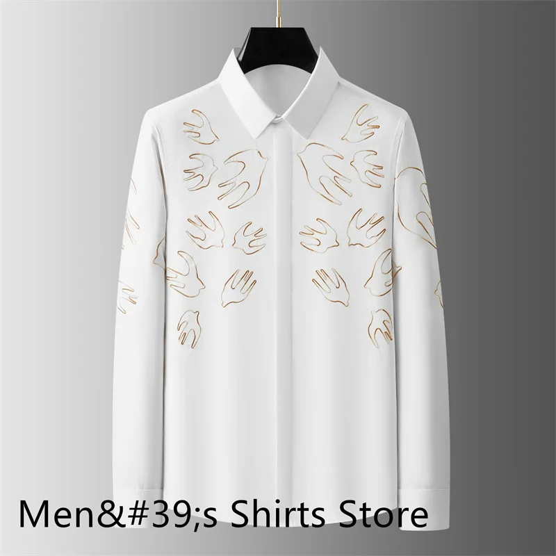 Men\'s Long Sleeve Shirt Luxury Feather Wings Print Casual Black and White Men\'s Formal Shirt Simple Party Shirt XS-6XL