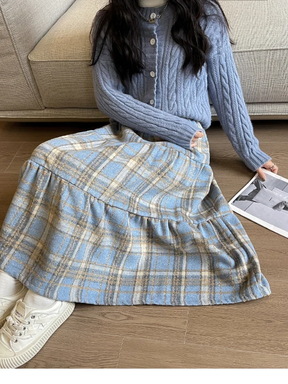 

plus Size 300 Pou Fat MM Blue High Waist Slimming Plaid A-Line Midi Skirt Women's Autumn Winter Faion Trendy f-length...