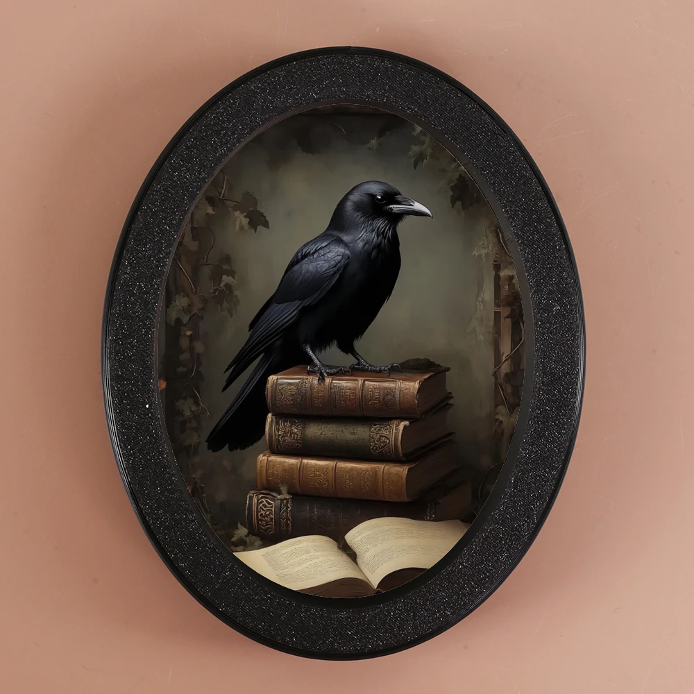 Adorno decorativo ovalado de estilo oscuro de 1 pieza, con elementos de cuervo y libros antiguos, trajes, espacios de estilo gótico literario