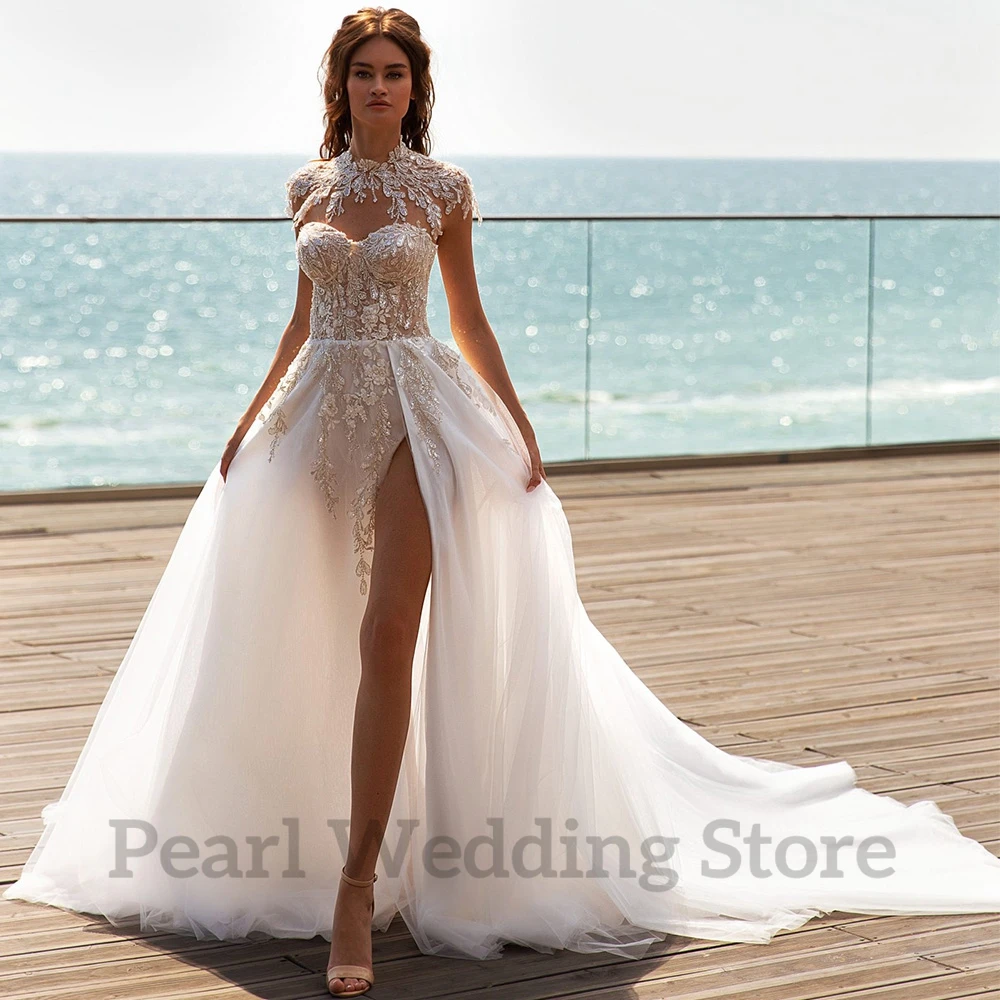 Superbe robe de mariée en Tulle style Boho, avec des appliques de perles, Sexy, fente latérale, plage, robe de mariage romantique, robe trapèze