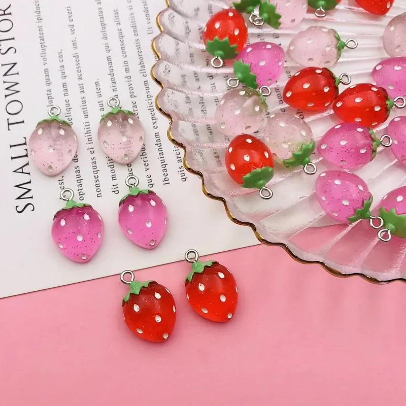 10pcs Hot Selling Resin Kawaii Glitter Strawberry Fruit Char