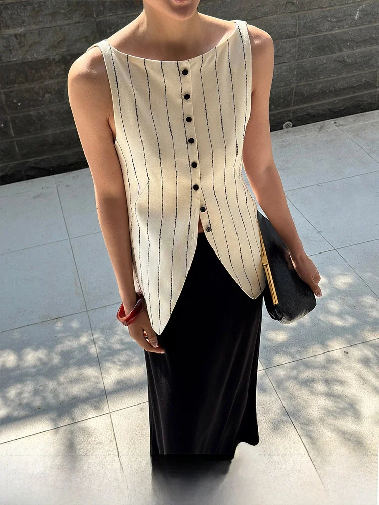 

Женский топ SOTHEA с ретро-полосками из льна, на одно плечо, летний, 2025, стандартный крой, на одной пуговице