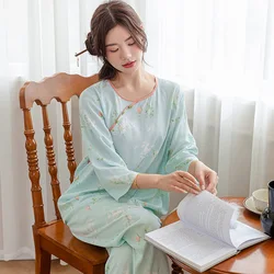 Retro Chinese Style Women's Nightwear Summer New Short Sleeve Trousers Sleepwear Pajamas Set Sleep Suit Casual Home Clothes