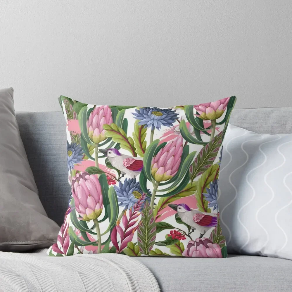 Seamless pattern with protea and tropical flowers and birds, Trendy floral vector print Throw Pillow Covers For Sofas Pillow