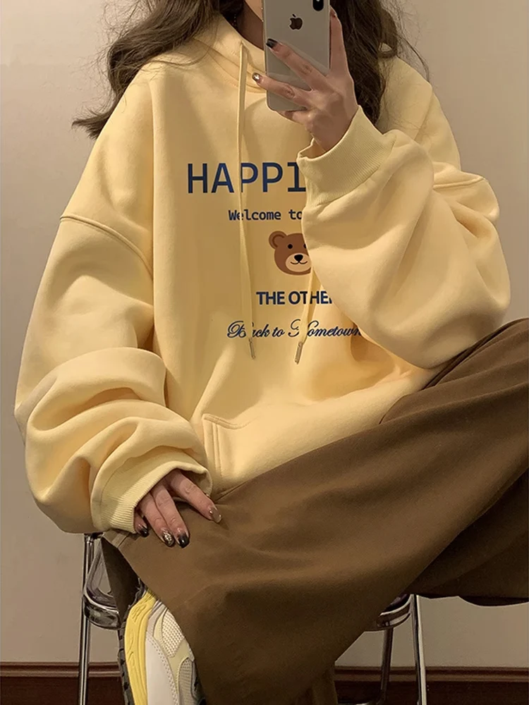 

Yellow Bear Hoodie Men's Spring Autumn American Retro Loose Large Size Trendy Outerwear Casual Comfortable Breathable Streetwear