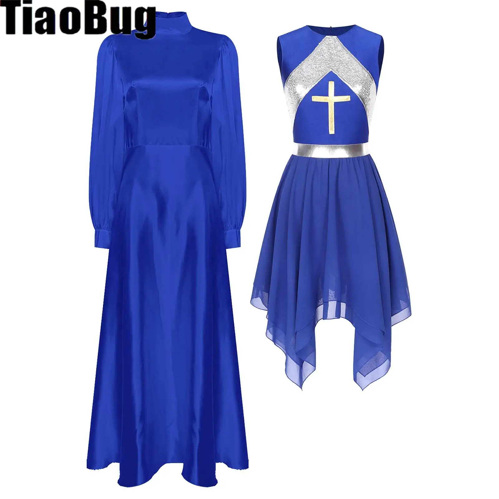 

Women Liturgical Praise Dance Dress Sets Long Puff Sleeves Satin Flared Dress with Metallic Sequins Irregular Hem Tunic Dress