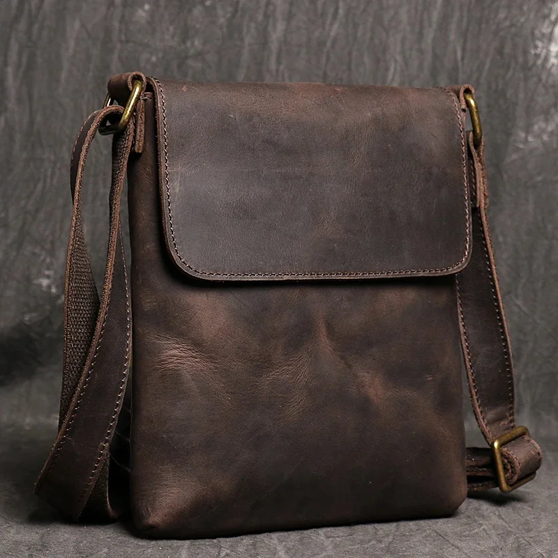 Bolso de hombro informal de cuero genuino para hombre, bandolera pequeña Vintage marrón oscuro, nuevo diseño de moda, bandoleras