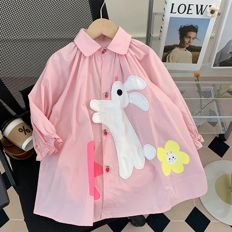 New Spring Autumn Girls Dress Cartoon Rabbit Embroider Cute Full Sleeve Princess Dress For Kids Children Birthday Present