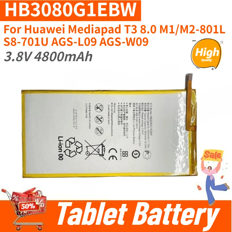 

New Replacement Tablet Battery 3.8V 4800mAh HB3080G1EBW For Huawei Mediapad T3 8.0 M1/M2-801L S8-701U AGS-L09 AGS-W09